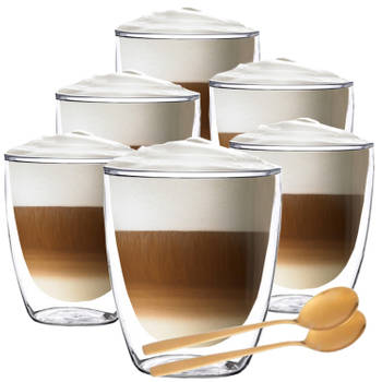 Luxe Dubbelwandige Theeglazen - Cappuccino Glazen - Koffieglas dubbelwandig - met lepel - 300 ML - Set Van 6