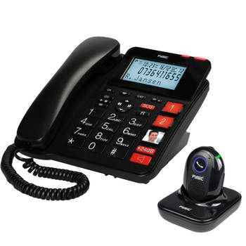 Vaste telefoon met antwoordapparaat en draadloze SOS panieknop Fysic Rood-Zwart
