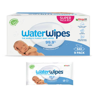 WaterWipes - Billendoekjes - Gevoelige huid - 9 x 60 stuks - 99,9% Water - Plastic vrij
