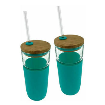 Drinkglas Met Rietje En Deksel – 19 x 8 x 8 cm - 600ml – Mint - 2 Stuks