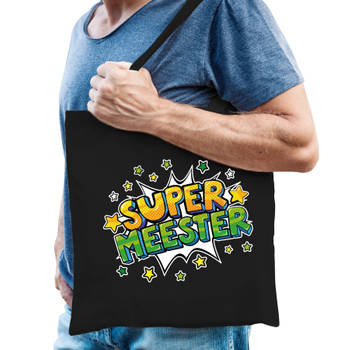 Super meester popart katoenen tas zwart voor heren - cadeau tasjes - Feest Boodschappentassen