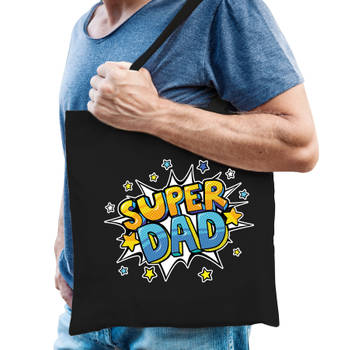 Super dad popart katoenen tas zwart voor heren - cadeau tasjes - Feest Boodschappentassen