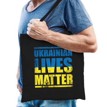 Bellatio Decorations tas - Ukrainian lives matter - stand with Ukraine - zwart - protest - Feest Boodschappentassen
