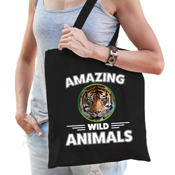 Tasje tijgers amazing wild animals / dieren zwart voor volwassenen en kinderen - Feest Boodschappentassen