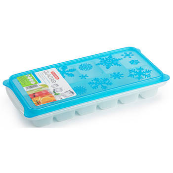 Tray met ijsblokjes/ijsklontjes vormpjes 12 vakjes kunststof wit met blauwe deksel - IJsblokjesvormen