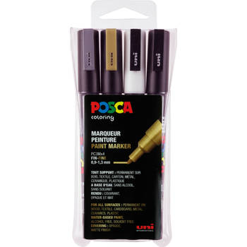 uni Posca PC-3M acryl paint marker, 0.9-1.3mm, doos à 4 stuks, inhoud: zwart, wit, zilver, goud