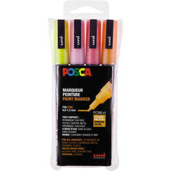 Posca paintmarker PC-3M, set van 4 markers, glitter, geel-oranje-roze-rood