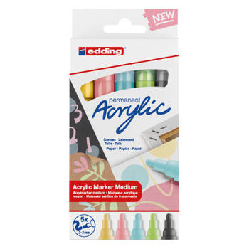 edding 5100 acrylverf stiften - 5 pastel kleuren set - ronde punt 2-3 mm - Watervaste inkt