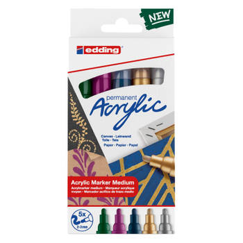 edding 5100 Acrylverf stiften - 5 feestelijke kleuren acrylmarkers - ronde punt 2-3 mm - Watervast