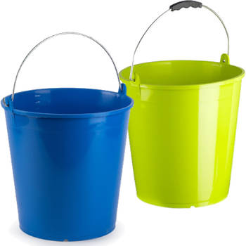 Groene en blauwe schoonmaakemmers/huishoudemmers set 15 liter en 32 x 31 cm - Emmers