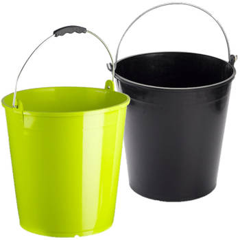 Groene en zwarte schoonmaakemmers/huishoudemmers set 15 liter en 32 x 31 cm - Emmers