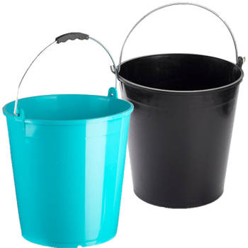Blauwe en zwarte schoonmaakemmers/huishoudemmers set 15 liter en 32 x 31 cm - Emmers