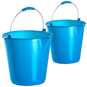 Kunststof emmers set van 9 en 12 liter inhoud met schenktuit blauw - Emmers