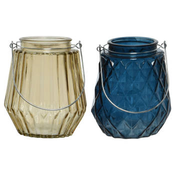 Set van 2x stuks theelichthouders/waxinelichthouders glas taupe en donkerblauw 11 x 13 cm - Waxinelichtjeshouders