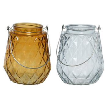 Set van 2x stuks theelichthouders/waxinelichthouders ruitjes glas cognac en ijsblauw 11 x 13 cm - Waxinelichtjeshouders