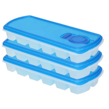 Voordeelset van 3x stuks iJsblokjes/ijsklontjes maken bakjes met afsluit deksel blauw 26 cm - IJsblokjesvormen