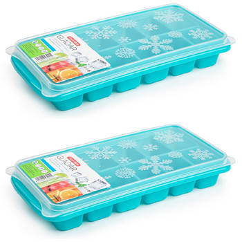 2x stuks Trays met ijsblokjes/ijsklontjes vormpjes 12 vakjes kunststof blauw met deksel - IJsblokjesvormen
