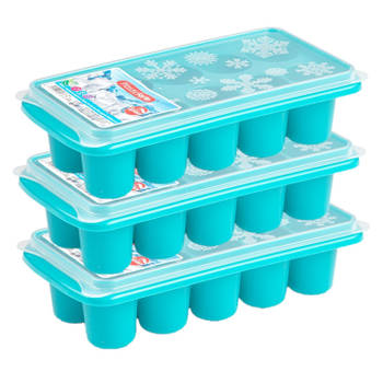 3x stuks Trays met dikke ronde blokken ijsblokjes/ijsklontjes vormpjes 10 vakjes kunststof blauw - IJsblokjesvormen