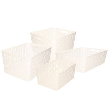 Set van 4x stuks opbergboxen/opbergmandjes rotan parel wit kunststof - Opbergbox