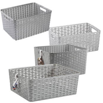 Set van 4x stuks opbergboxen/opbergmandjes rotan zilver kunststof - Opbergbox