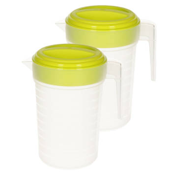 2x stuks waterkan/sapkan transparant/groen met deksel 2 liter kunststof - Schenkkannen