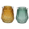 Set van 2x stuks theelichthouders/waxinelichthouders glas cognac en zeegroen 11 x 13 cm - Waxinelichtjeshouders