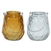 Set van 2x stuks theelichthouders/waxinelichthouders ruitjes glas cognac en ijsblauw 11 x 13 cm - Waxinelichtjeshouders