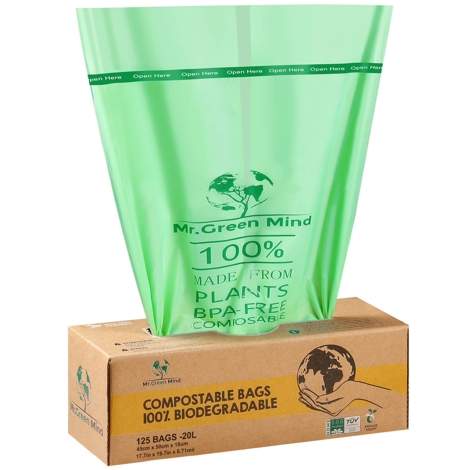 Mr. Green Mind 100% biologische afvalzakken 20 liter 125 stuks biologisch afbreekbare afvalzakken - Incl. dispenser