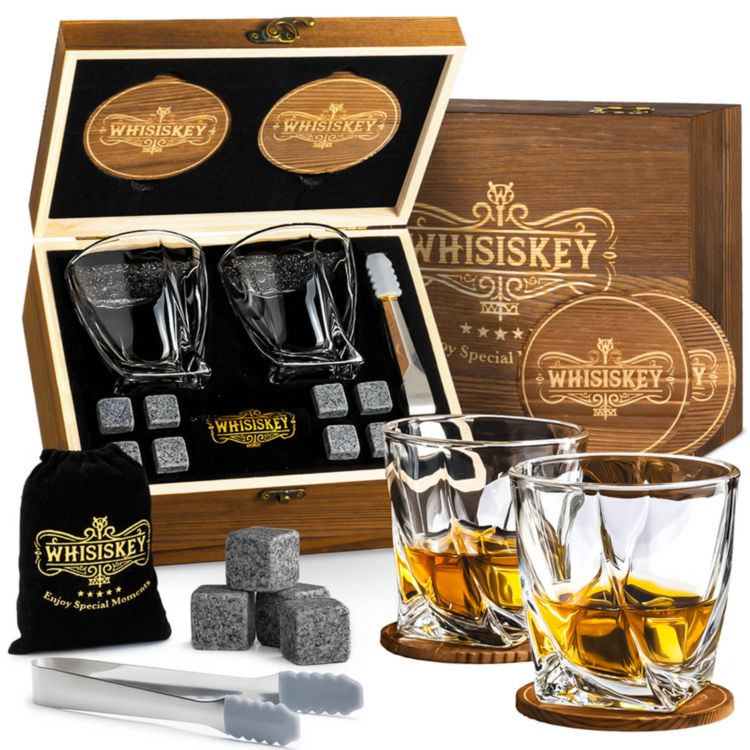 Whisiskey Luxe Whiskey Set - Incl. 2 Whiskey Glazen, 8 Whiskey Stones, 2 Onderzetters, Fluwelen Opbergzak, Opbergbox