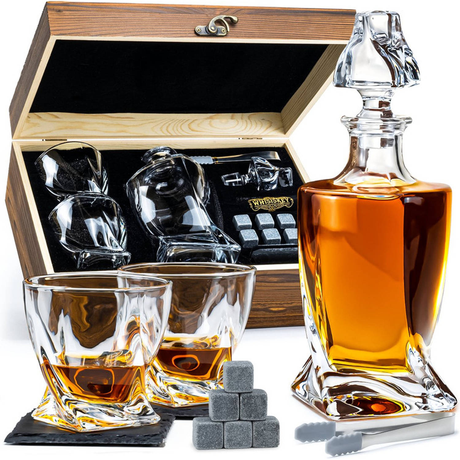 Whisiskey Whiskey - Whiskey Glazen - Luxe Whiskey Karaf Set - Decanteer Set - Whisky Set - Incl. 2 Twisted Glazen | Blokker