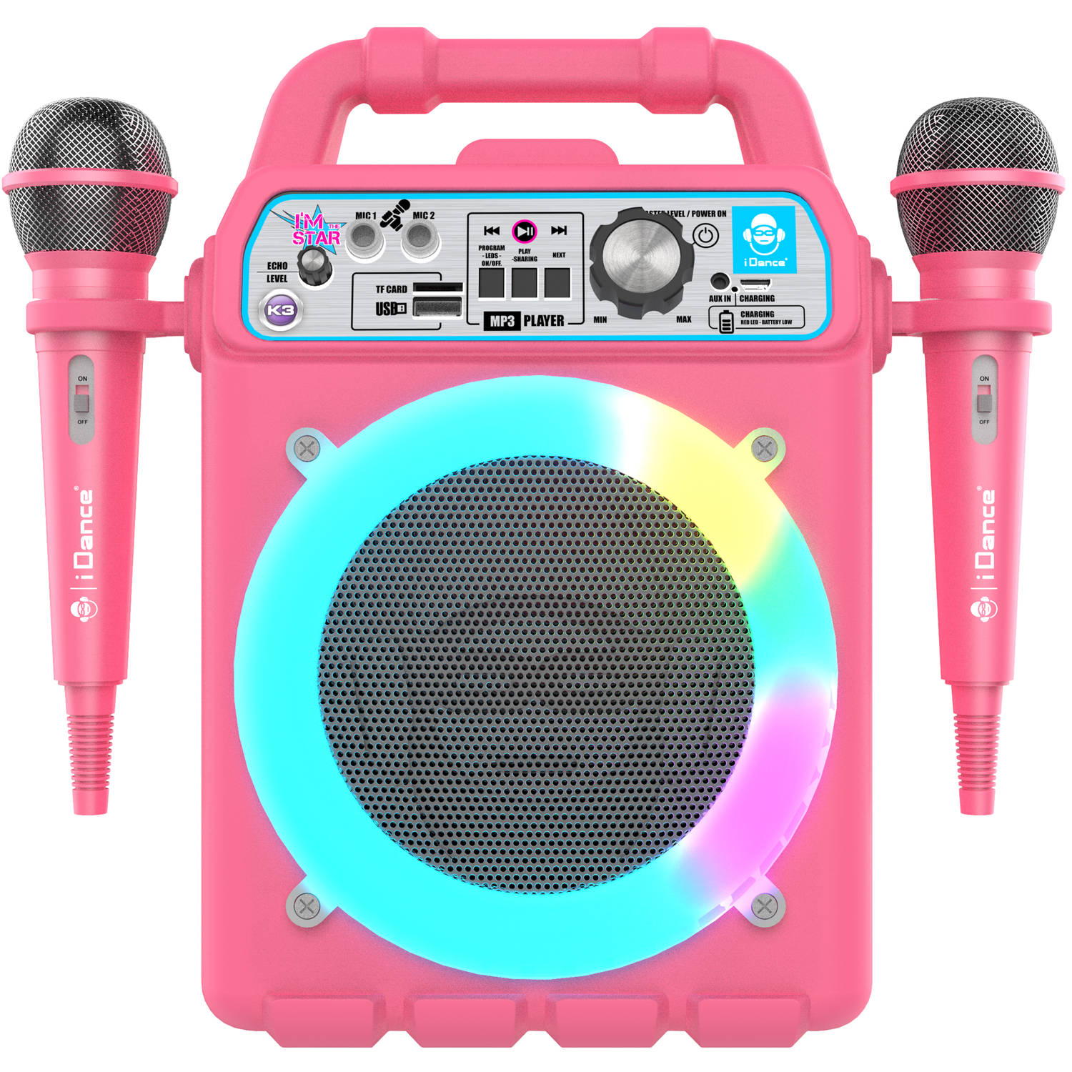iDance K3V2 Karaoke - Bluetooth Speaker met Discolicht - Inclusief 2 Microfoons - Roze | Blokker