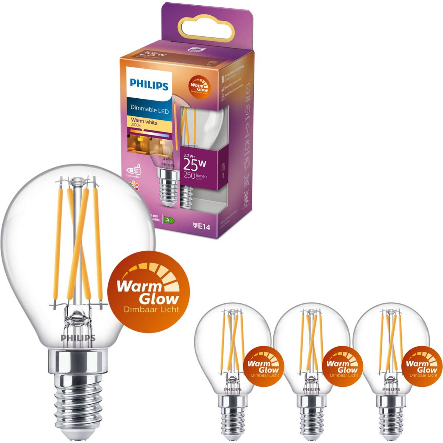 mei rooster regionaal Philips WarmGlow LED lampen Kogel E14 - Dimbaar naar extra warm wit - 3.2W  vervangt 25W - 4 Kogellampen | Blokker