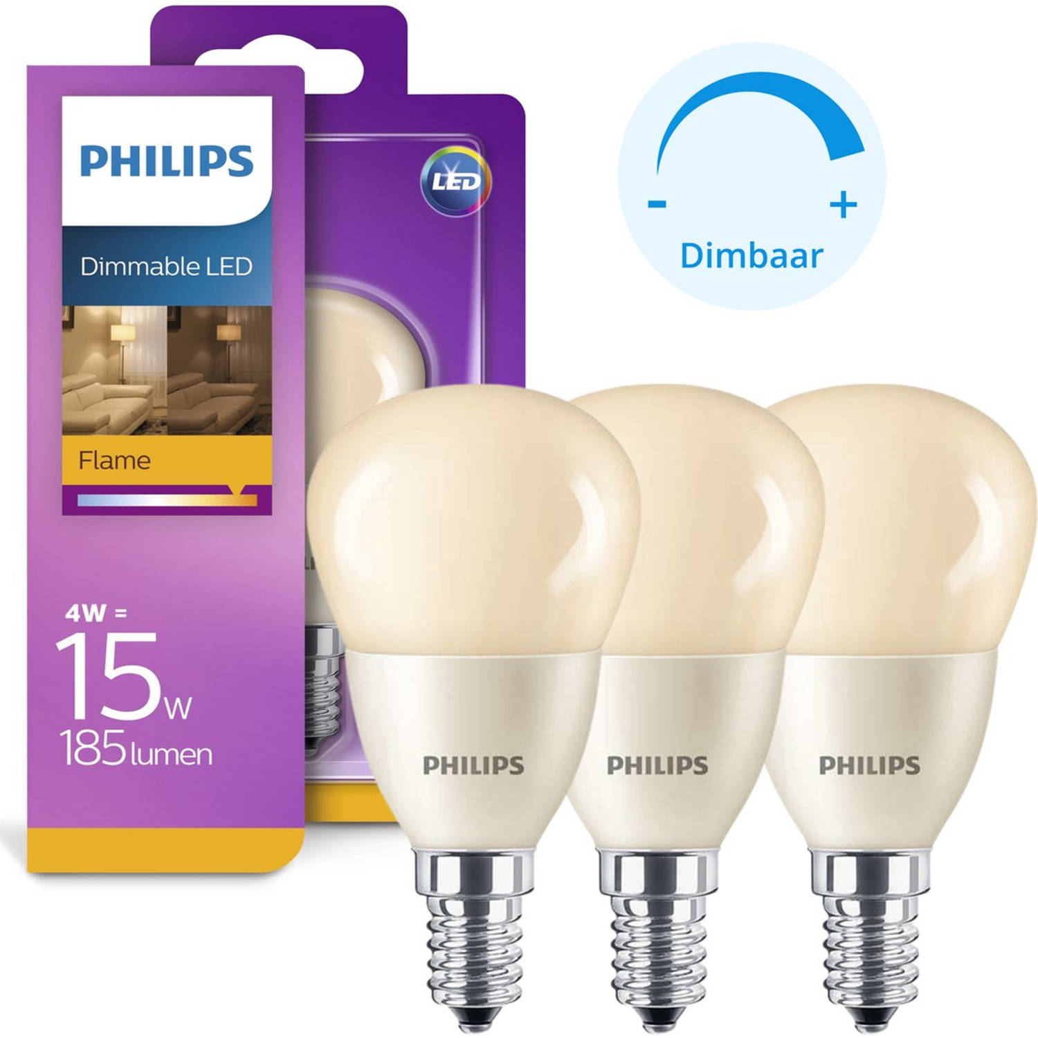 Philips Lamp Flame - E14 fitting - Dimbaar warm wit licht - Kogel - 3 lampen | Blokker