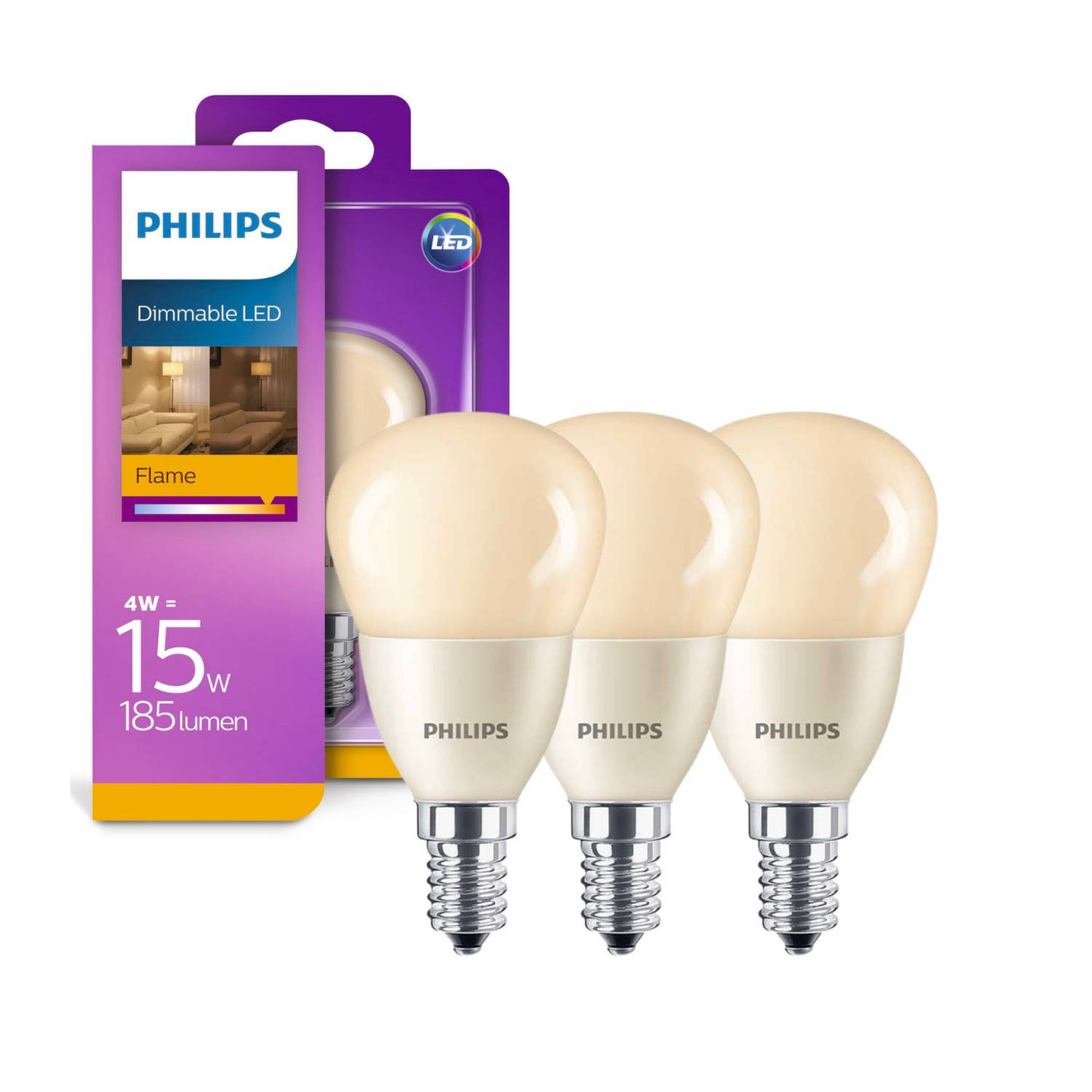Philips Led Lamp Flame - E14 Fitting - Dimbaar Warm Wit Licht - Kogel P45 - 3 Lampen