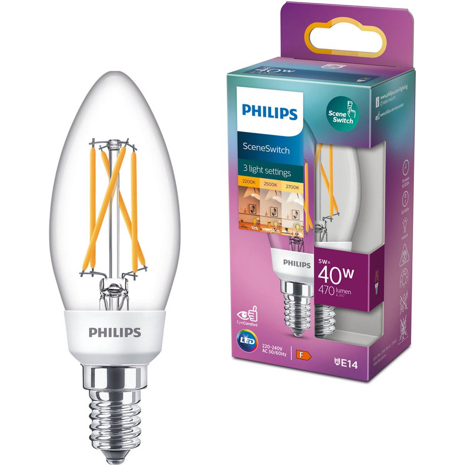 inspanning smog Uiterlijk Philips SceneSwitch LED Filament Lamp E14 - Kaars - 3 stappen dimbaar -  Warm wit - 5W/40W - 6-PACK | Blokker