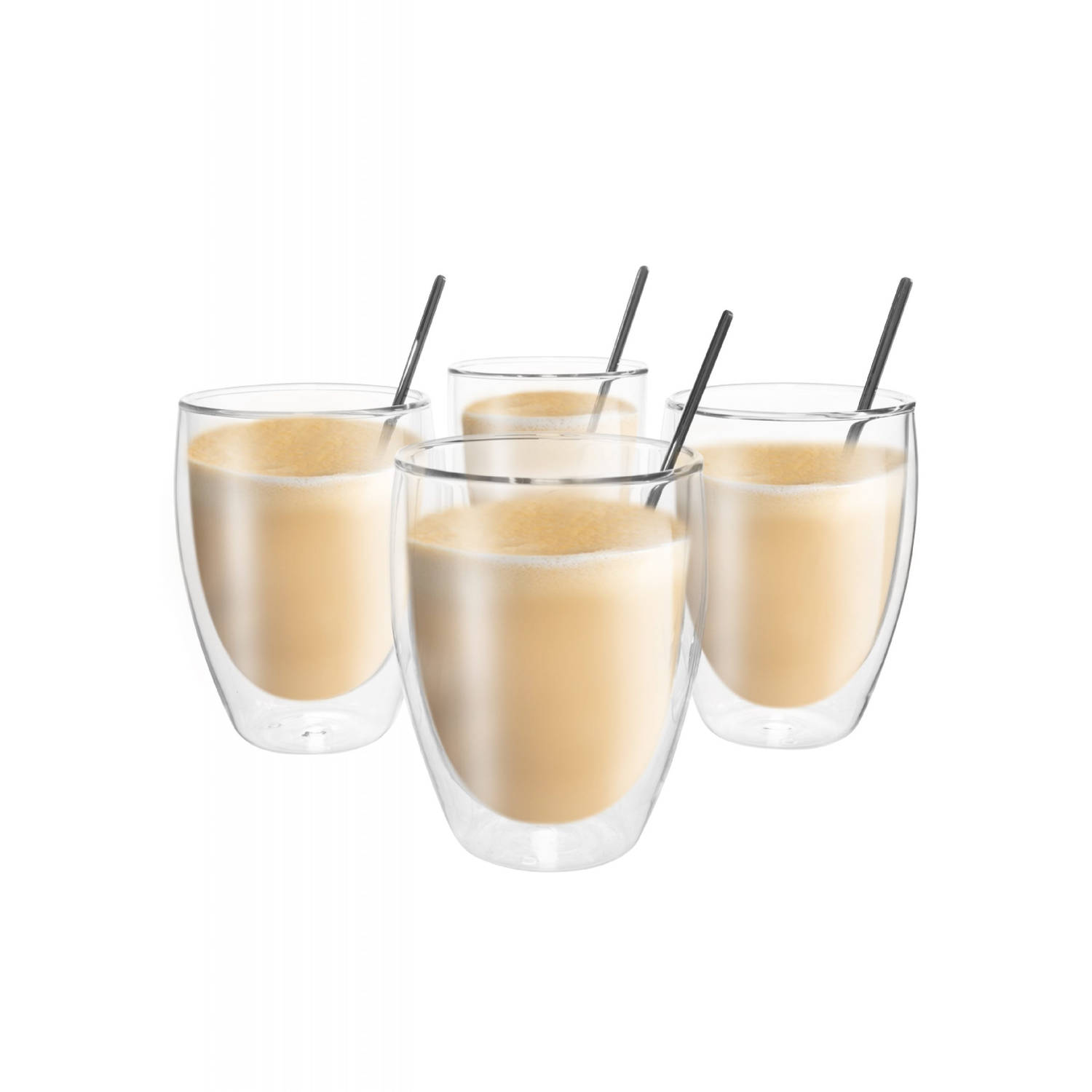 Vaja® Koffieglazen Set – Theeglazen met Lepel – 450 ml - Cappuccino Glazen – Theeglas Dubbelwandig - 4 Stuks