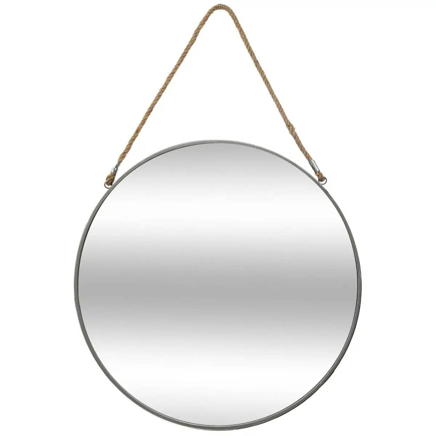 Spiegel/wandspiegel rond D55 cm metaal grijs met touw - Spiegels