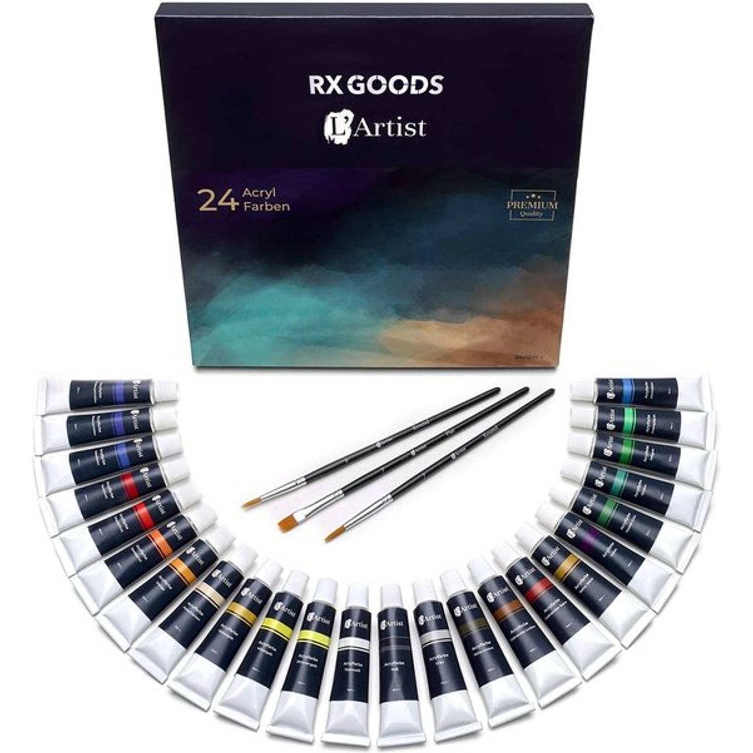 RX Goods 27 Stuks Acrylverf Set met 24 Tubes van 12 ml & 3 Penselen - Perfect voor op Canvas, Schilderij & Papier