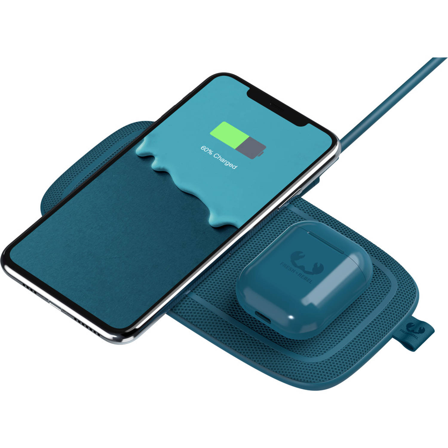 FRESH 'N REBEL Base Duo 10 Watt Double Wireless Charging Pad met Poweradapter 30 Watt Blauw