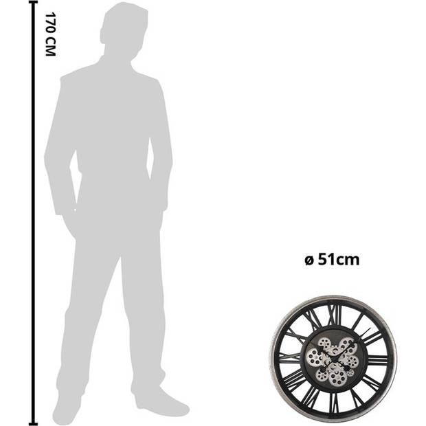 Clayre & Eef Wandklok Ø 51 cm Zwart Zilverkleurig Kunststof Rond Muurklok Zwart Muurklok