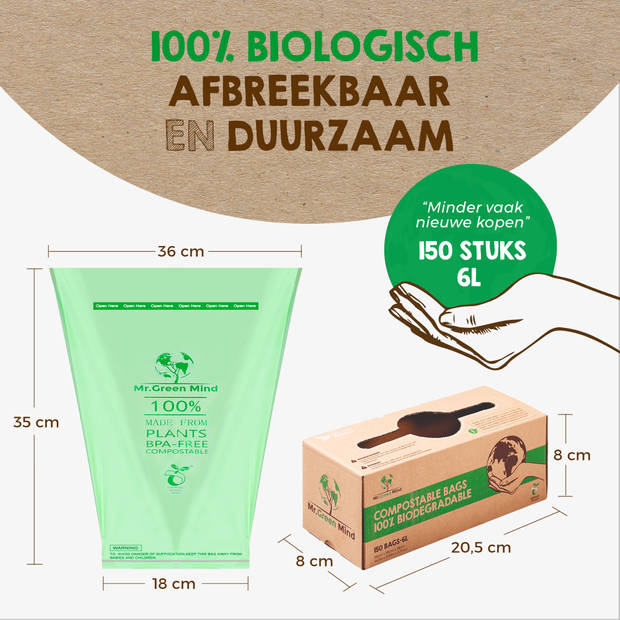 Mr. Green Mind 100% biologische afvalzakken 6 liter 150 stuks - Incl. dispenser