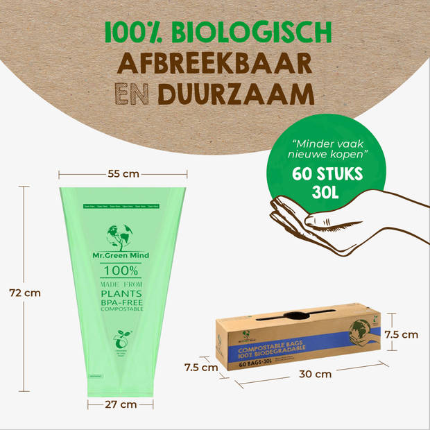 Mr. Green Mind 100% biologische afvalzakken 30 liter 60 stuks - Incl. dispenser