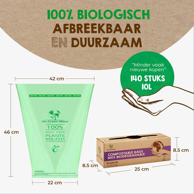 Mr. Green Mind 100% biologische afvalzakken 10 liter 140 stuks - Incl. dispenser