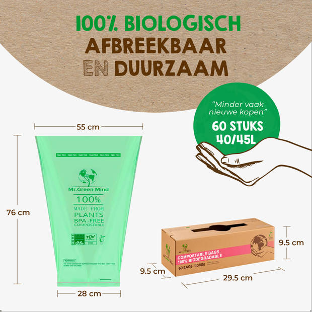 Mr. Green Mind 100% biologische afvalzakken 40/45 liter 60 stuks - Incl. dispenser
