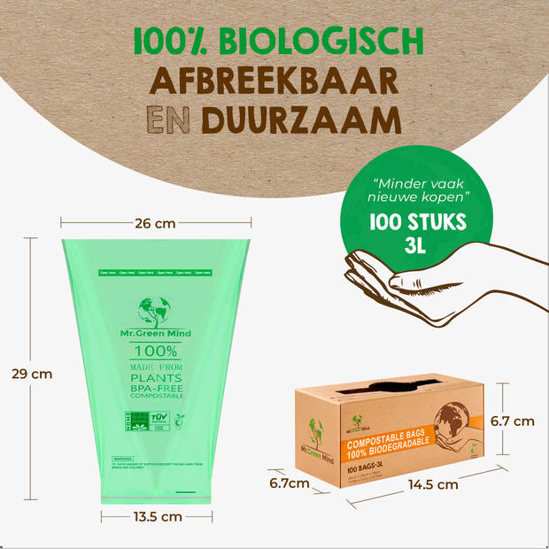 Mr. Green Mind 100% biologische afvalzakken 2/3 liter 100 stuks - Incl. dispenser