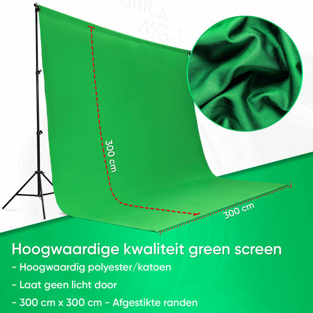 Pixetool - Green Screen Doek 300 x 300cm met achtergrondsysteem 260 x 300 cm - Achtergronddoek - Fotostudio