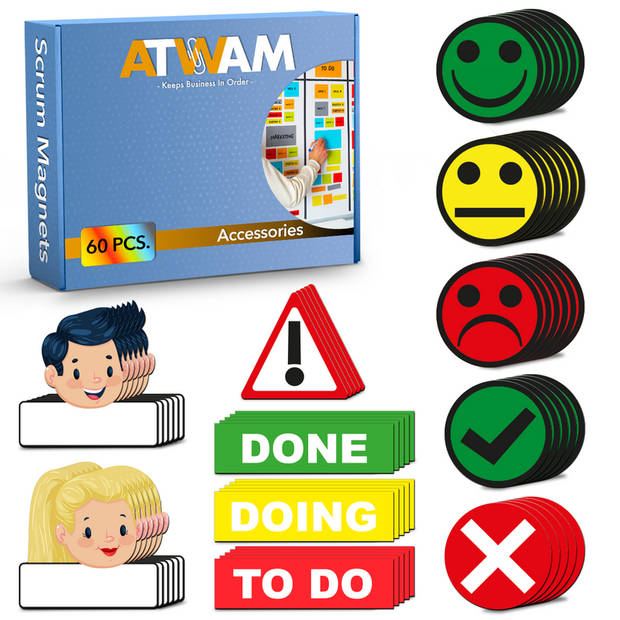 ATWAM Scrum Whiteboard Magneten - 60 stk. - voor Whiteboard, Magneetbord - Herschrijfbare Magneten - Smiley Accessoires