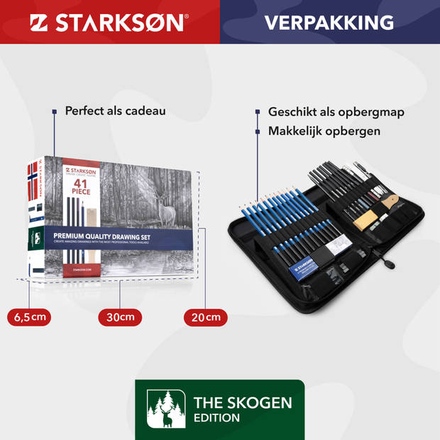 STARKSØN® Professioneel 41-Delige Potloden Tekenset incl. Tekenpotloden, Schetspotloden, Schetsboek & Accessoires