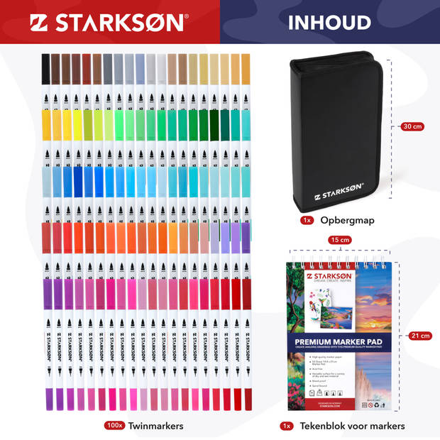 STARKSØN® 102 Stuks Twinmarkers Set – Dual Tip Brush Markers – Dubbelzijdige Stiften