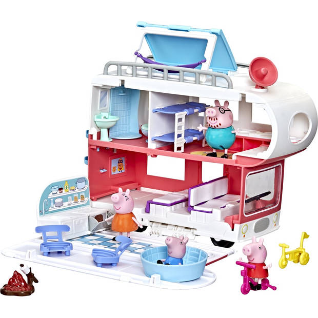 Peppa Pig Peppa's Avonturen, Familie Camper, Kinderspeelgoed met 4 figuren (in het Frans)